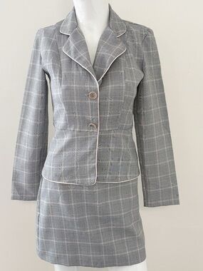 Vintage I.N. San Francisco Grey & Pink Plaid Houndstooth Mini Skirt & Blazer Set
